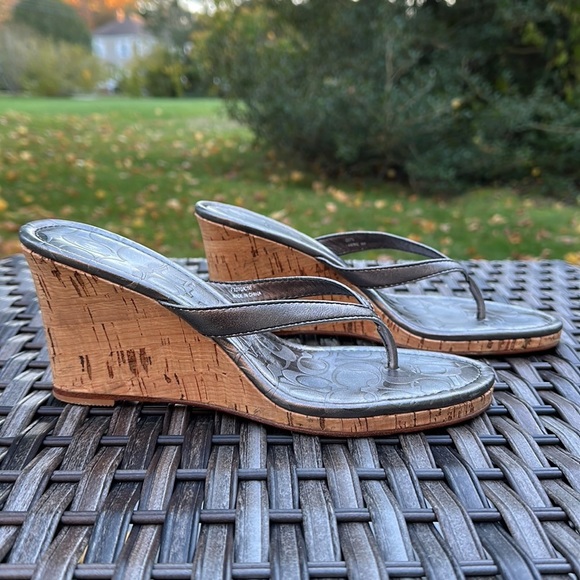 Coach Lannie Metallic Calf Leather Cork Wedge Sandals - Pewter - Picture 3 of 14